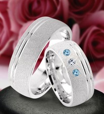 2 Trauringe Silber 925 mit echten Blautopas und echten Diamant & Gravur  J71-3BD