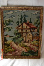 VINTAGE GOBELIN BILD WANDBILD STICKEREI HANDARBEIT HAUS AM SEE GOLD RAHMEN 30x24