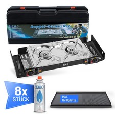 2 flammig Campingkocher Outdoor Camping Gas Kocher Grillplatte + 8x Gaskartusche