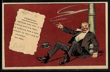 Künstler-AK Betrunkener Mann sitzt auf dem Boden an einem Laternenmast 1912 