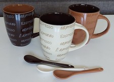 3x Kaffeebecher Keramik Tasse 3er Set Beige Braun mit Löffel Aufschrift Espresso