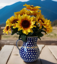 Original BUNZLAUER Keramik Vase Krug Kanne Handarbeit + Kunstblumen Sonnenblumen