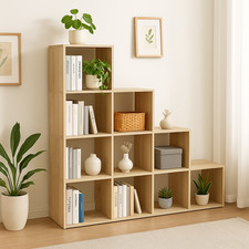 WOLTU Bücherregal 10 Fächer Helle Eiche 120×120×30 cm | Stufenregal modern