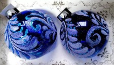 dekorative Glaskugel 2er Set Glaskugeln blau Glitzer handbemalt Christbaum