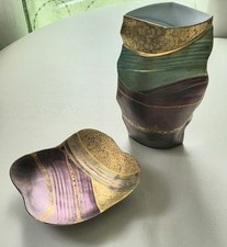 Rosenthal Vase + Schale, Johan van Loon, handgemalt H. Dressler, bunt, H. 22 cm