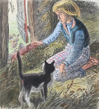 Aquarell Karl Adser 1912-1995 Impressionist Mädchen mit Katze Bauernhof Enten