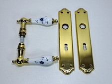 Türklinke Türgriff Messing Langschild Porzellan Weiß Griff Blumen Muster Blau