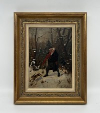 Kleines Ölbild 19. Jahrhundert Hasenjagd mit Regenschirm unleserlich signiert