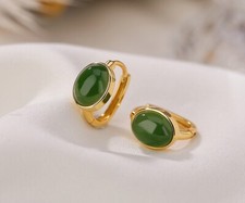 I02 Ohrringe ovale grüne Jade Sterling Silber 925 vergoldet