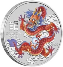 1 Oz Unze Silbermünze Australien - Lunar III Drache 2024 Dragon rot farbig 