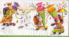3 Servietten ~ Schulbeginn, Plüschtiere mit Zuckertüten auf Skateboards ~ 33x33