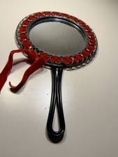 Vintage Handspiegel Metall/Eisen Drahtkorb Rotes Samtband Gothic Vanity Spiegel