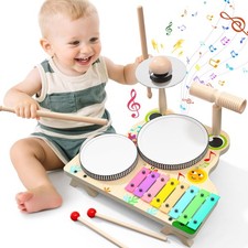 Skirfy Musikinstrumente für Kinder, Holzspielzeug Schlagzeug Set mit Trommels...