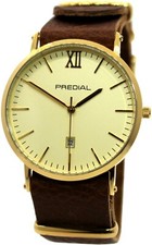 PREDIAL Quarz Herrenuhr Datum elegant analog braun gold Leder Uhrenarmband 40mm
