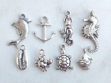 8x Anhänger-Set Maritim Charms Anker  Delfin Seepferdchen Fisch Schmuck Basteln