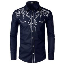 Herren Western Cowboy Hemd Langärmelig Retro Stickerei Freizeit Knöpfe Down Top