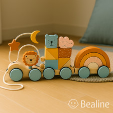 Montessori Nachziehspielzeug Holz – Tierzug mit Bausteinen ab 1 Jahr