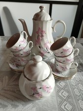 Vintage Kaffee Tassen Set 6 Personen Große Kanne Rosa Blumen Deko Vitrine Tassen