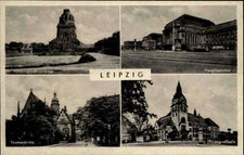 Leipzig um 1955 Mehrbild-AK Bahnhof, Thomas-Kirche, Kongreßhalle und Denkmal