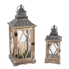 Laternen Set 2tlg. Holz braun Metall Dach formano 660978 Windlicht Gartendeko