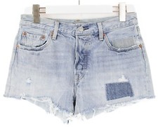 Levi's 501 Shorts Damen W28 Knopf Fly Whiskers Distressed Geflickt Denim Blau