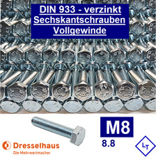 DIN 933 M8 Sechskant Schraube Vollgewinde Stahl 8.8 verzinkt Dresselhaus ISO4017