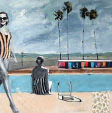 LIZA LANDBERG "TWO GIRLS AT THE POOL" ORIGINAL MIXED MEDIA GEMÄLDE KALIFORNIEN