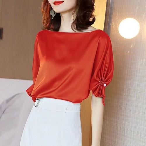Damen satin hemd kurz arm - satin,