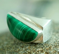 Bauhaus Design 925er Silber Ring 56 Malachit Grün Schlicht Unikat Extrem Massiv