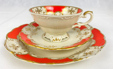 Sammeltasse 3 tlg. Mitterteich Prunkgedeck Relief orange-rot gold