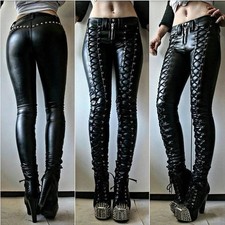 Sexy Damen Fashion Leggings Push Up Leggins Punk Hose PU Lederhose mit Kordelzug