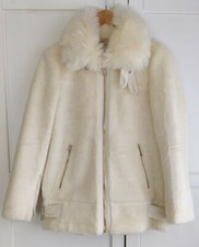 Zara Fell Jacke Winterjacke Kunstfell XS S 34 36 Wollweiß Beige Bikerjacke NEU