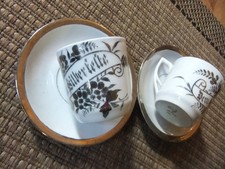 2 alte Tassen Altwasser Porzellan "Zur Silberhochzeit" mit Untertasse Teller
