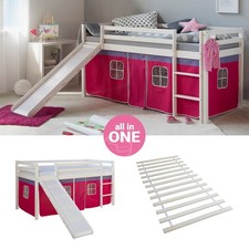 Hochbett 90x200 Kinderbett mit Rutsche Lattenrost Holz Vorhang Pink Homestyle4u