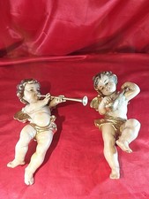 2 Alte Geschnitzte Wand Skulpturen Musizi Putto Engel Holz Farblich Gefasst 5802