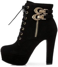 Gr37 Damen Schnürstiefeletten High Heels Plateau Ankle Boots mit Blockabsatz