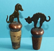 Antik Messing Zierkorken Hund & Katze / 2 Metalwork Bottle Stopper Dog Cat