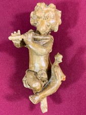 PUTTO ENGEL MUSIZIEREND MIT FLÖTE UND VOGEL HOLZ HANDGESCHNITZT