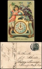 Neujahr Sylvester New Year Mädchen auf Riesen-Uhr 1909 Goldrand/Prägekarte