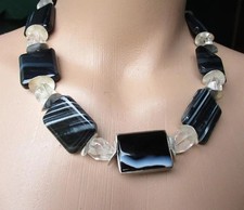 Üppige Designer 925er Silber Collier aus Streifen Achat-Bergkristall - 51cm lang