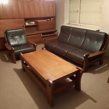 Tisch Ledersofa Sessel und 1x 3-Sitzer braun, Holz (Eiche) rustikal, vintage