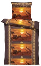 Bettwäsche 135x200 cm Afrika Safari Elefanten Giraffen Tiere braun Microfaser
