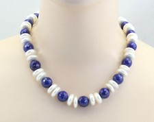 Lapislazuli Perlenkette - blaue Lapislazuli Kugeln mit Süßwasser-Perlen 48 cm 