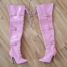 Overkneestiefel Gr. 36 Lackstiefel in pink mit Schnallen und Schnürung