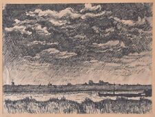 Tuschezeichnung Studie Regen am Flußufer unsigniert ORIGINAL-Zeichnung 33,5x26