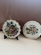 2 St. Vintage Souvenir Teneriffa Mallorca Porzellan Wand- Sammelteller Goldrand