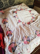 Omas alte Tischdecke weiß Bunt Tischdecke ca. 160  x 140 cm Handarbeit Bestickt
