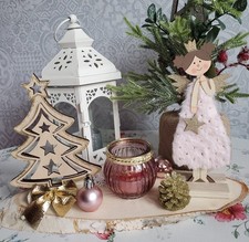 Tischdekoration Weihnachten Holz Engel & Teelichthalter Glas Handgefertigt Neu