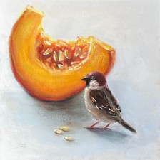 Vogel Spatz Original Pastell Malerei, Kürbis Gemälde, Sperling Bild, 21x21 cm