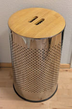 Wäschekorb rund 35cm x 58cm aus Metall mit echtem Holzdeckel